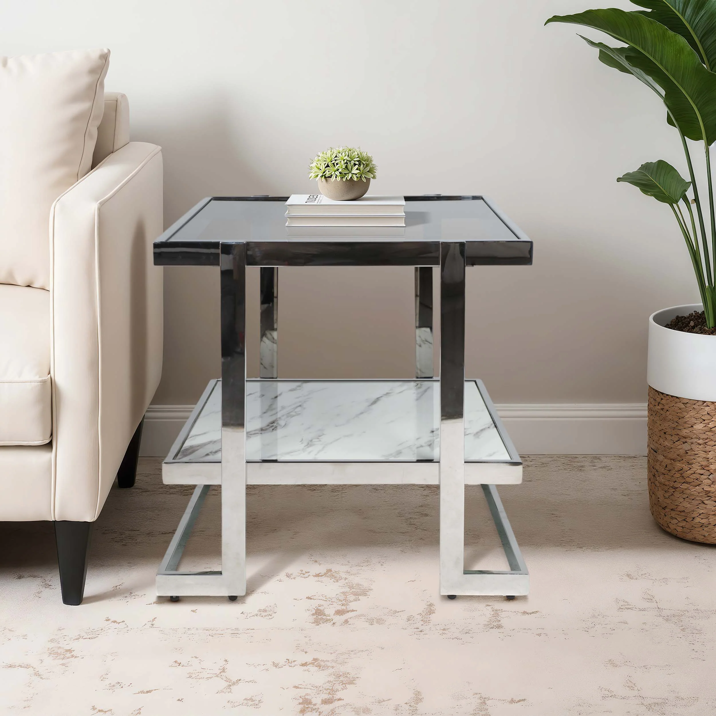 2-Tier Marble Top Side Table, White/Gold - Image 5