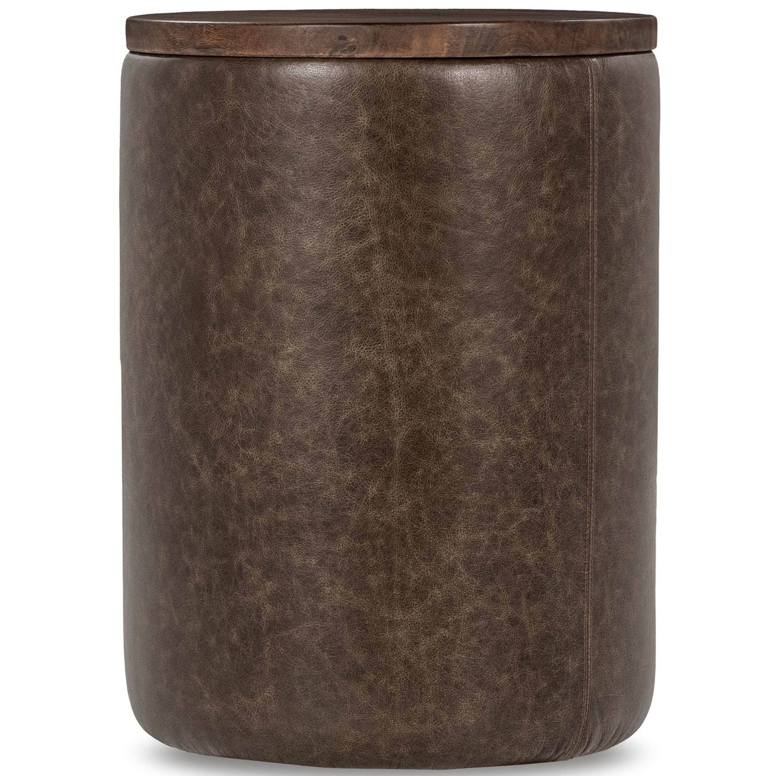 Andra Leather Round Accent Table, Cocoa Brown