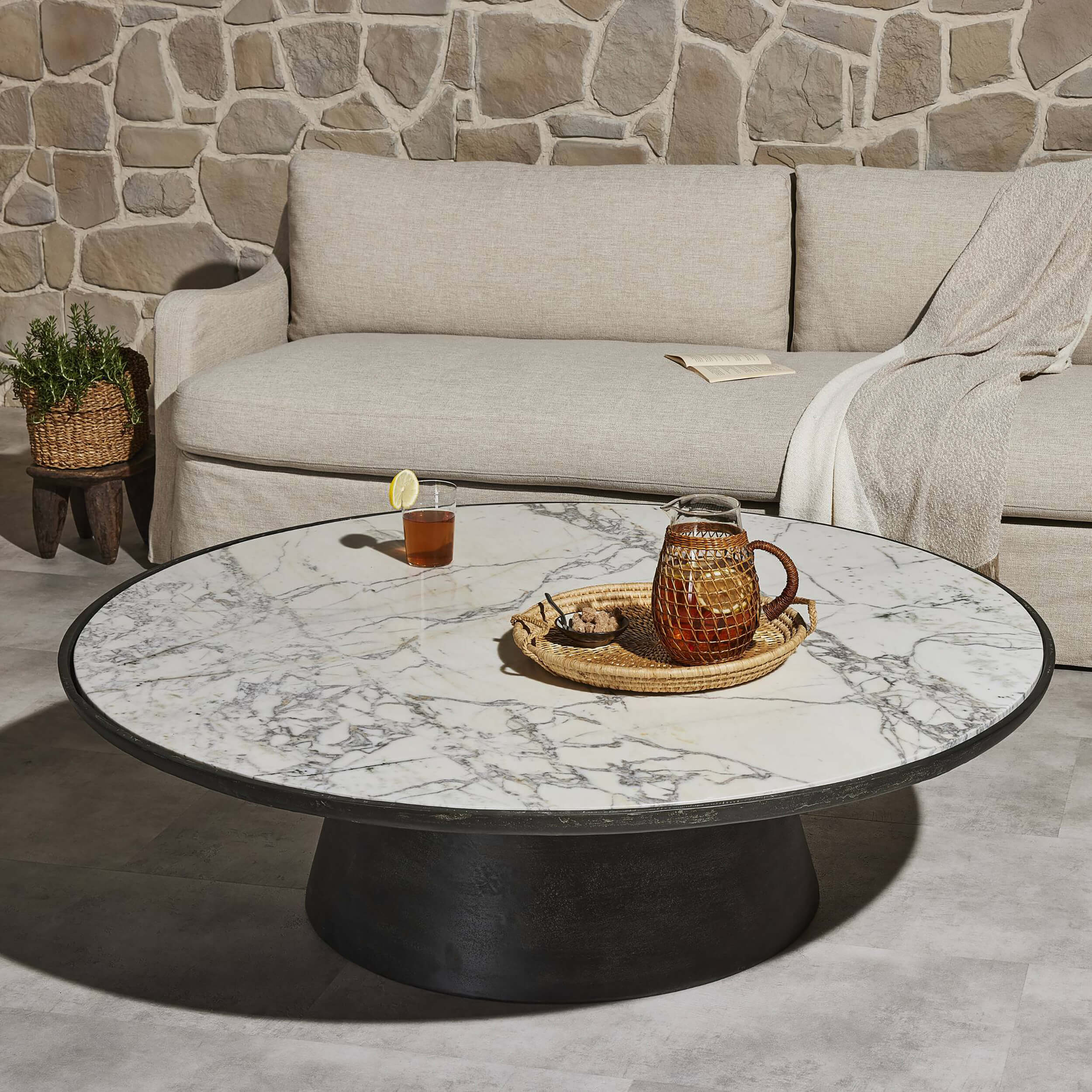 Balboa Outdoor Coffee Table, Veined White Marble by Four Hands - Image 4