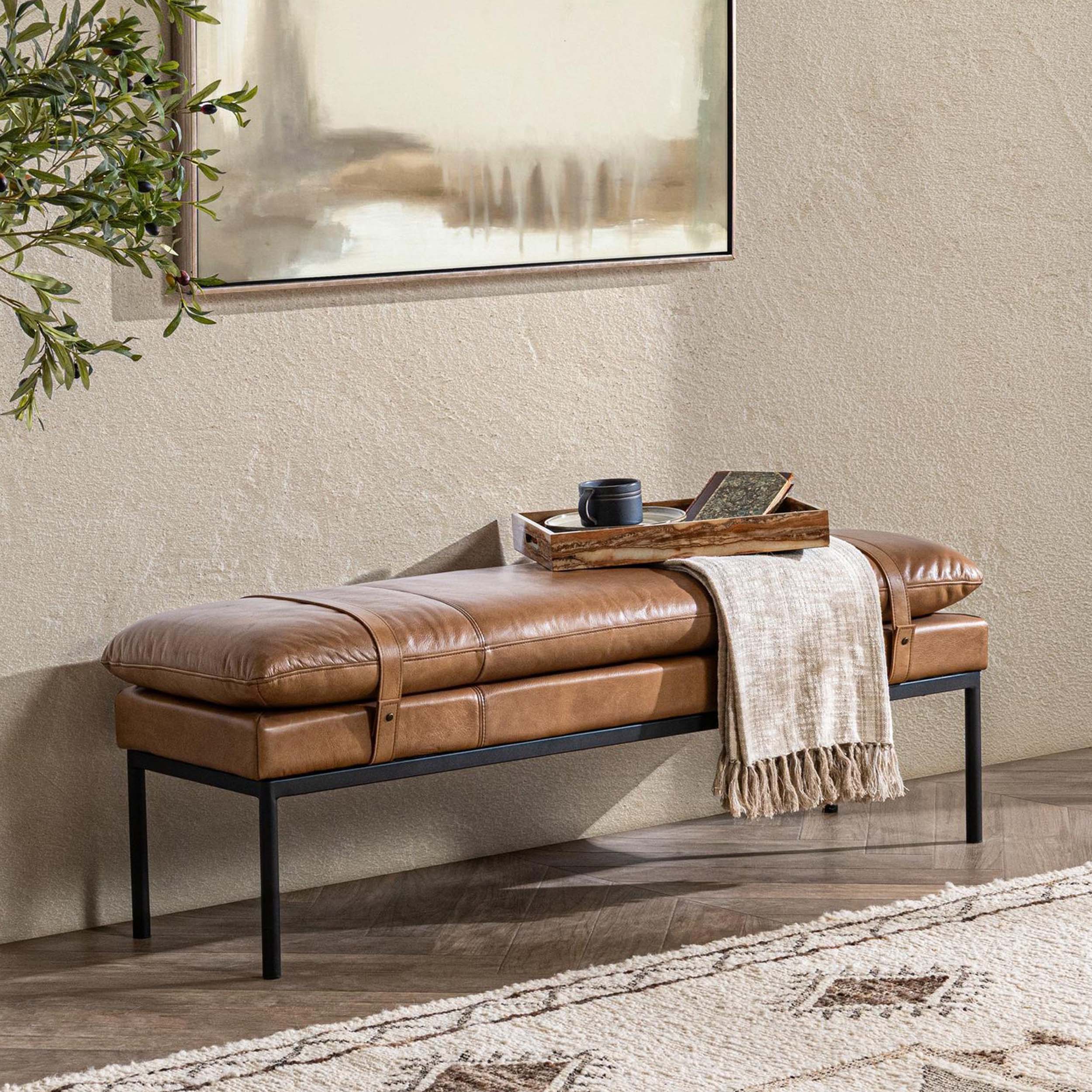 Celiah Leather Bench, Tan - Image 5