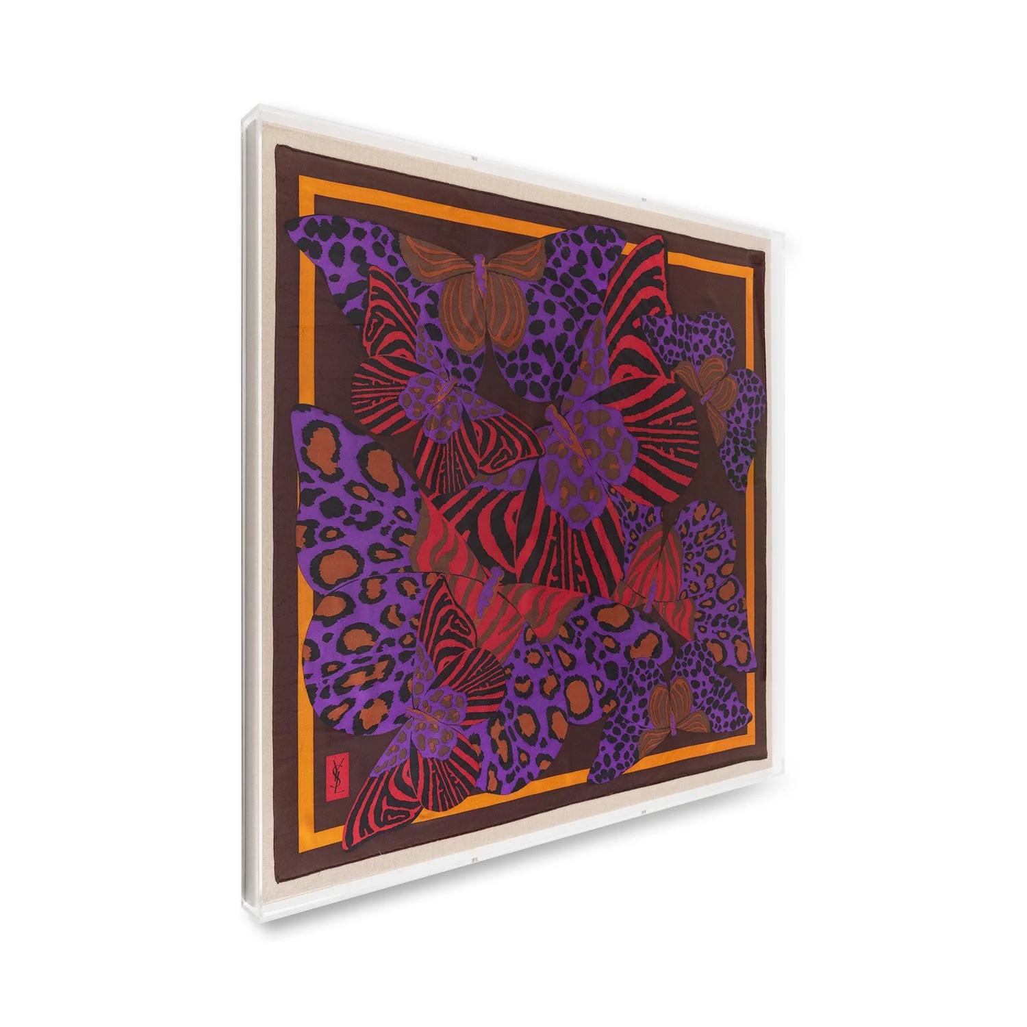 Framed Yves Saint Laurent Butterflies on Brown Silk Scarf in a 36x36x2" Shadowbox - Image 2