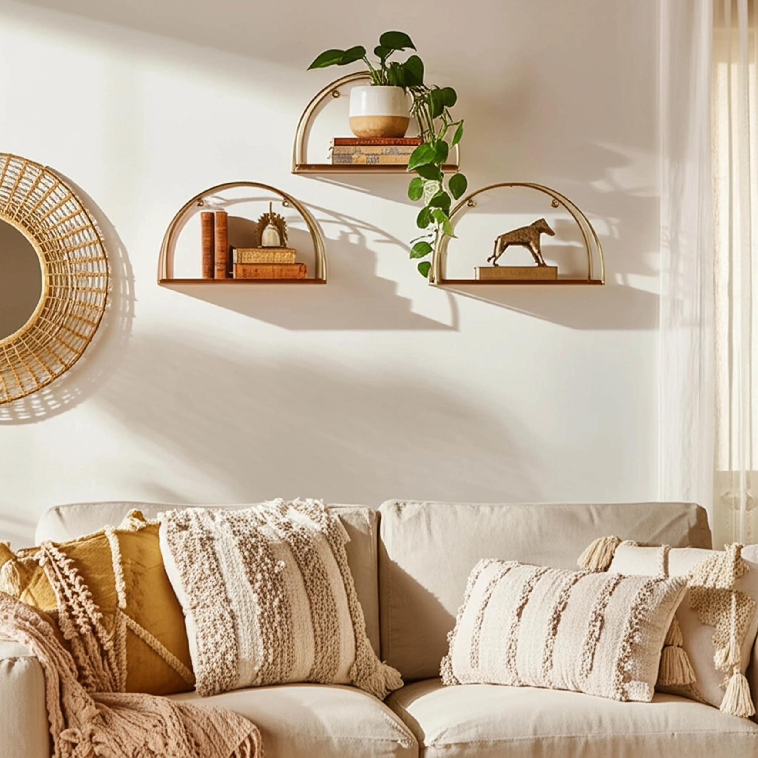 Half-Circle Wall Shelves, Brown/Gold, Set of 3 - Image 3
