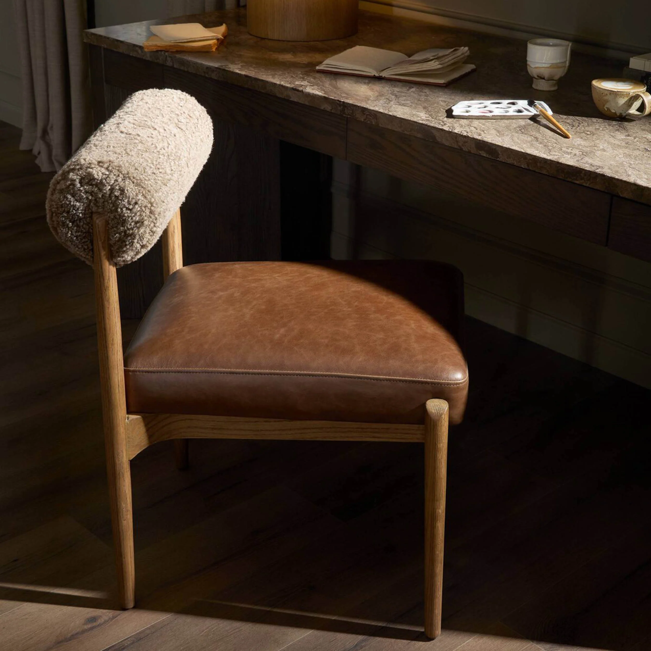 Jazelle Leather Dining Chair, Taupe Shearling, Set of 2 by Four Hands - Image 5