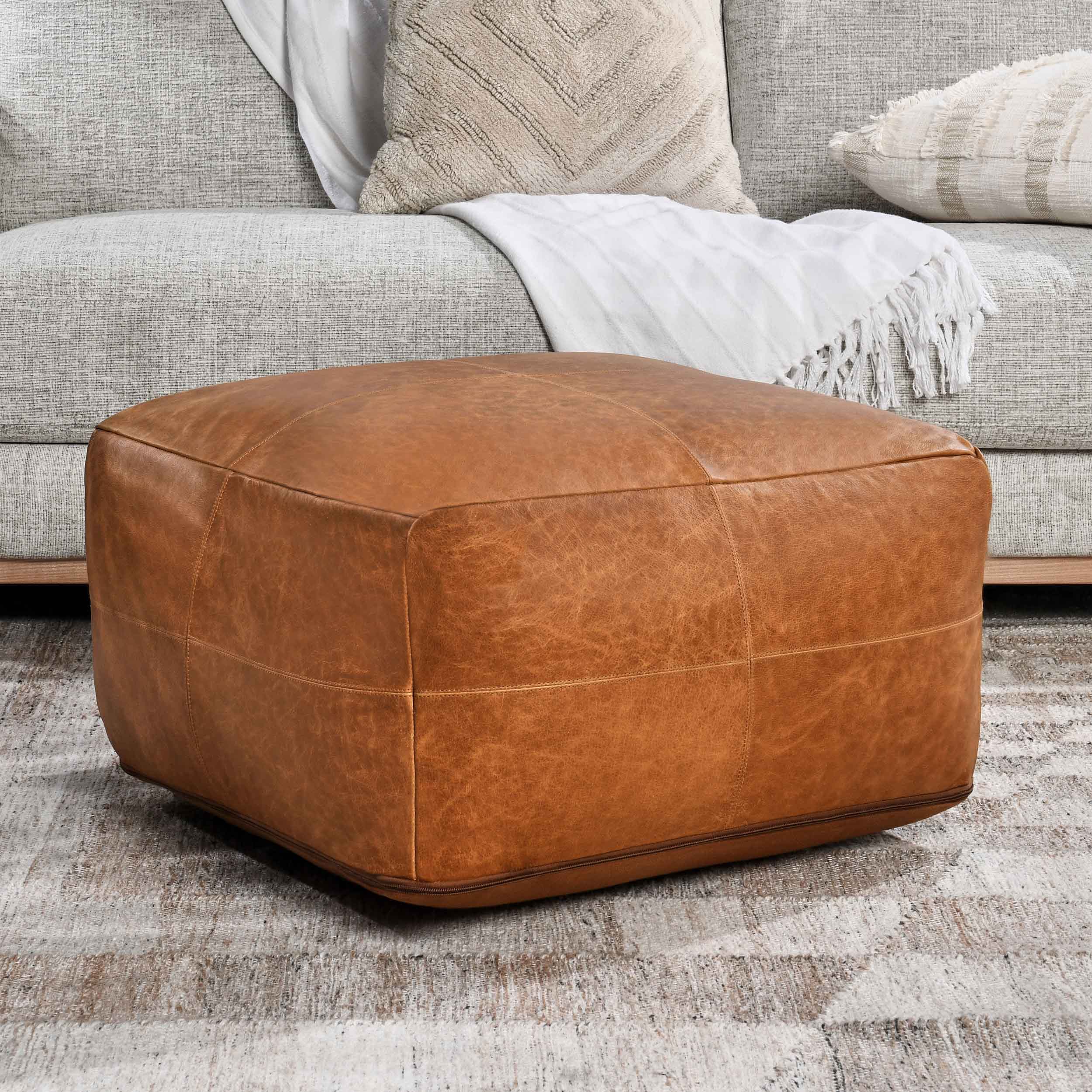 Leather Pouf, Chestnut - Image 5