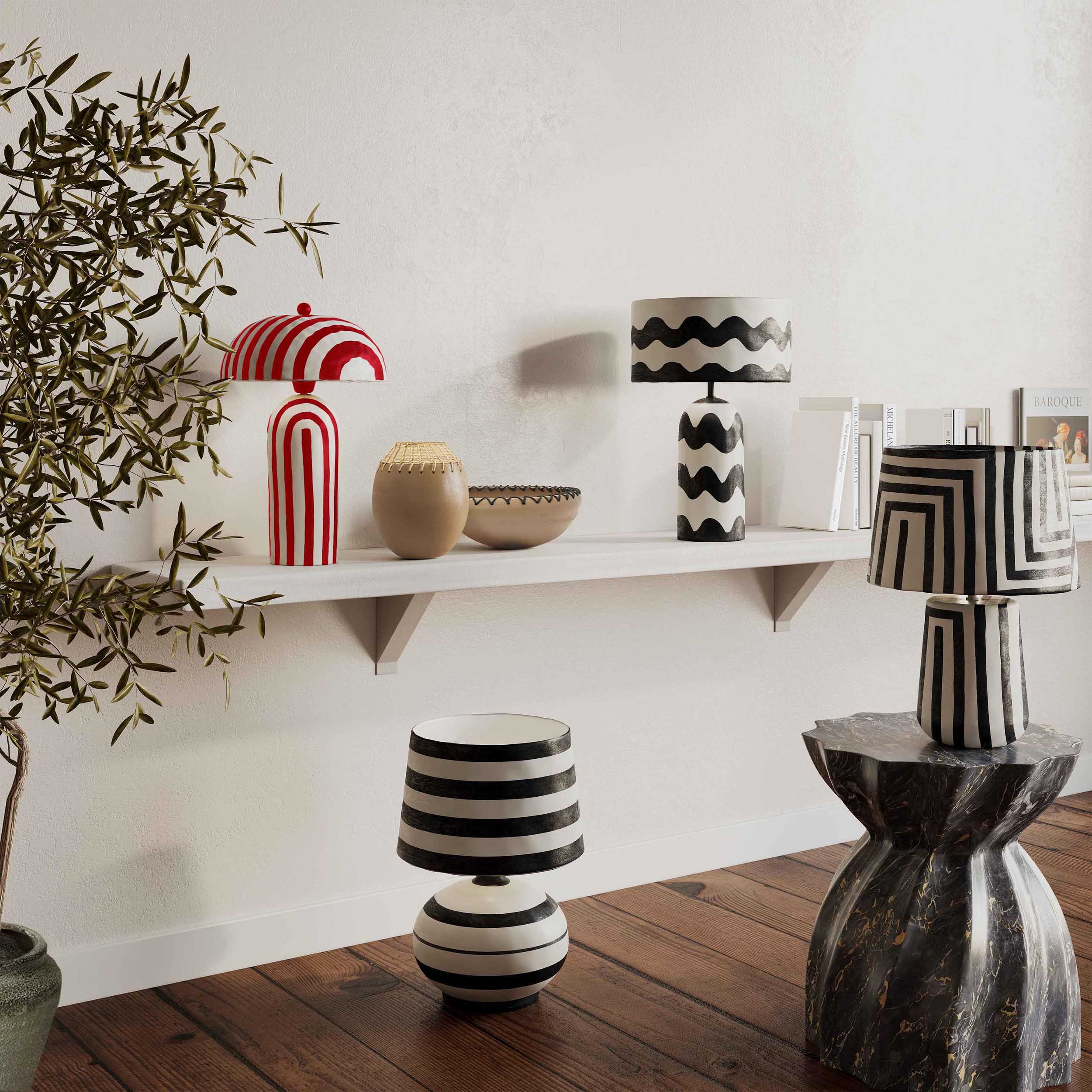 Maiori Striped Papier Mache Table Lamp, Red/Off-White - Image 5