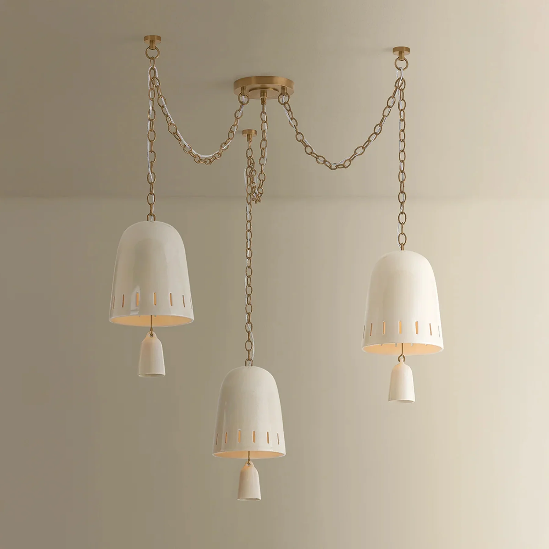 Omi 3 Light Chandelier, Patina Brass/Ceramic Ivory Crackle - Image 3