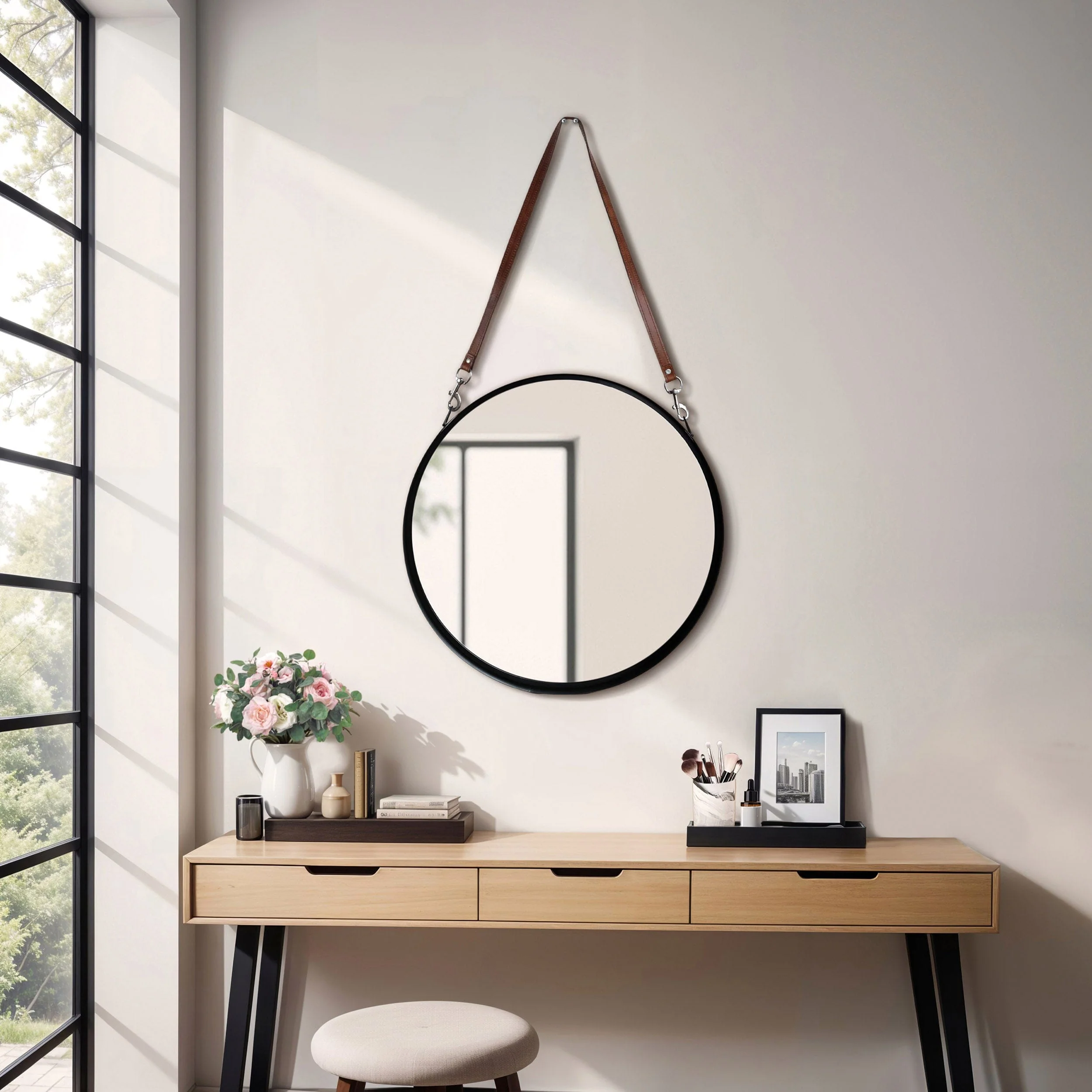 Round Mirror w/Leather Strap, Black - Image 6