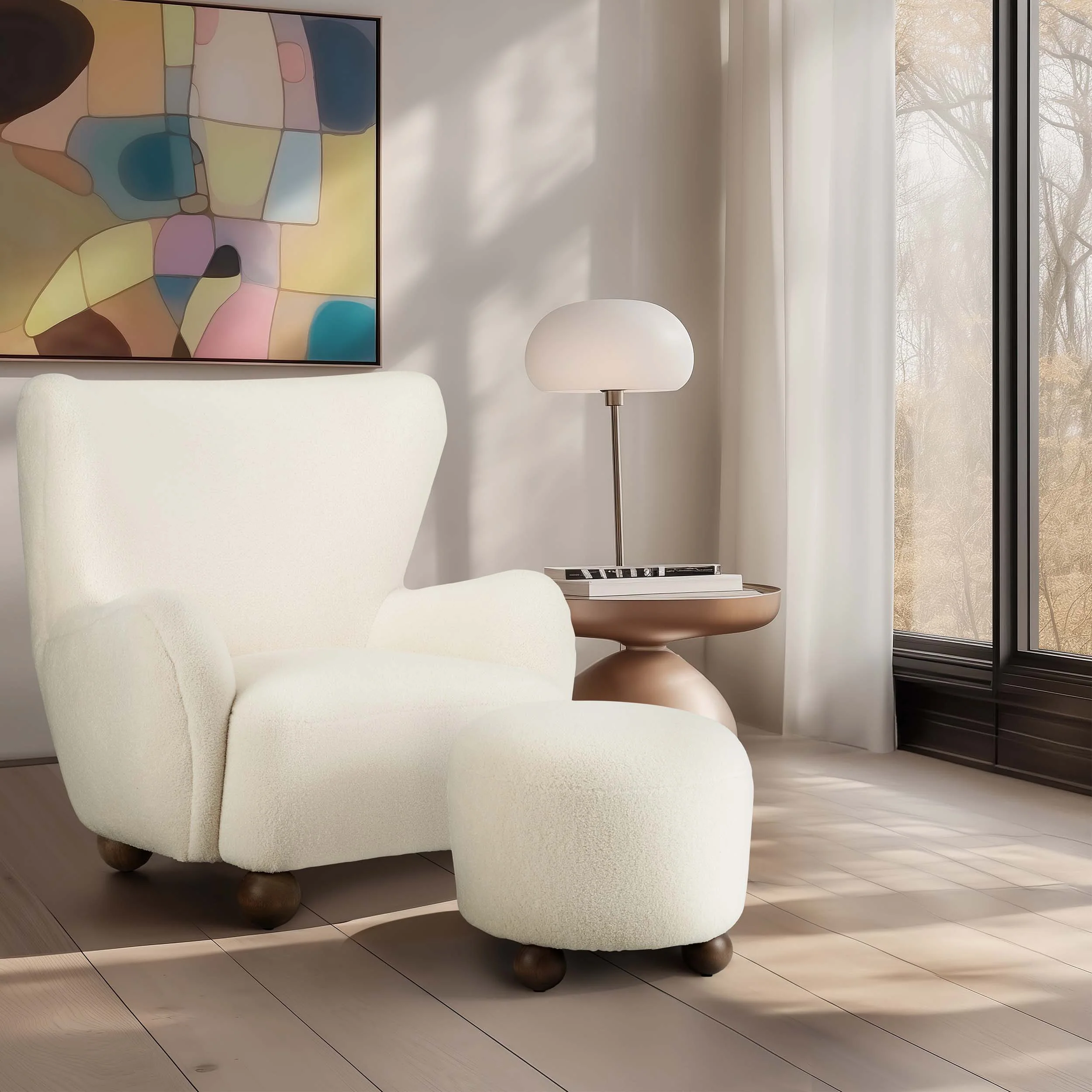 Round Ottoman w/Ball Feet, Beige - Image 5