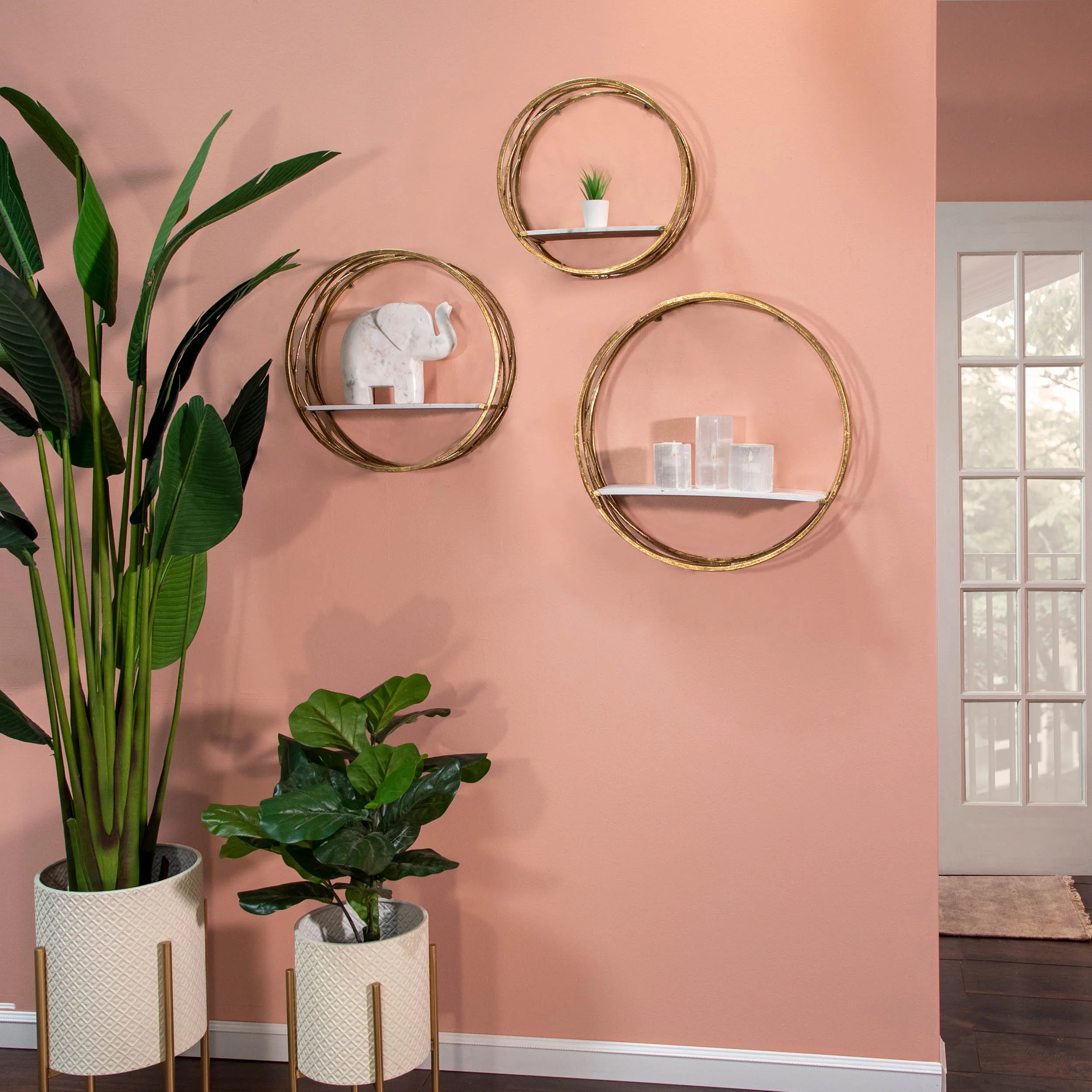 Round Wall Shelves, White/Gold, Set of 3 - Image 6