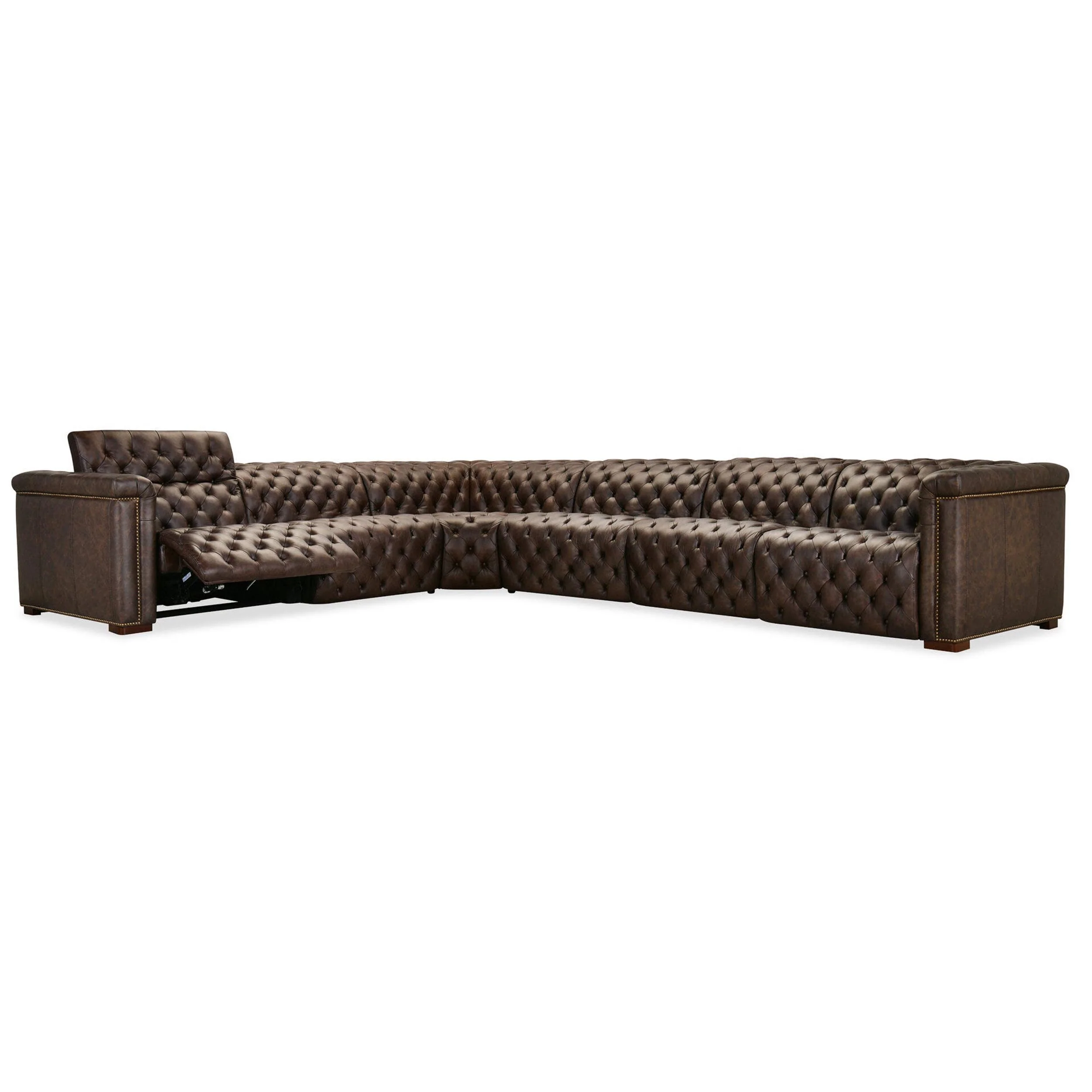 Savion Leather Deux 6 Seat Sectional w/ Four Power Recliners, West Saddlewood - Image 3