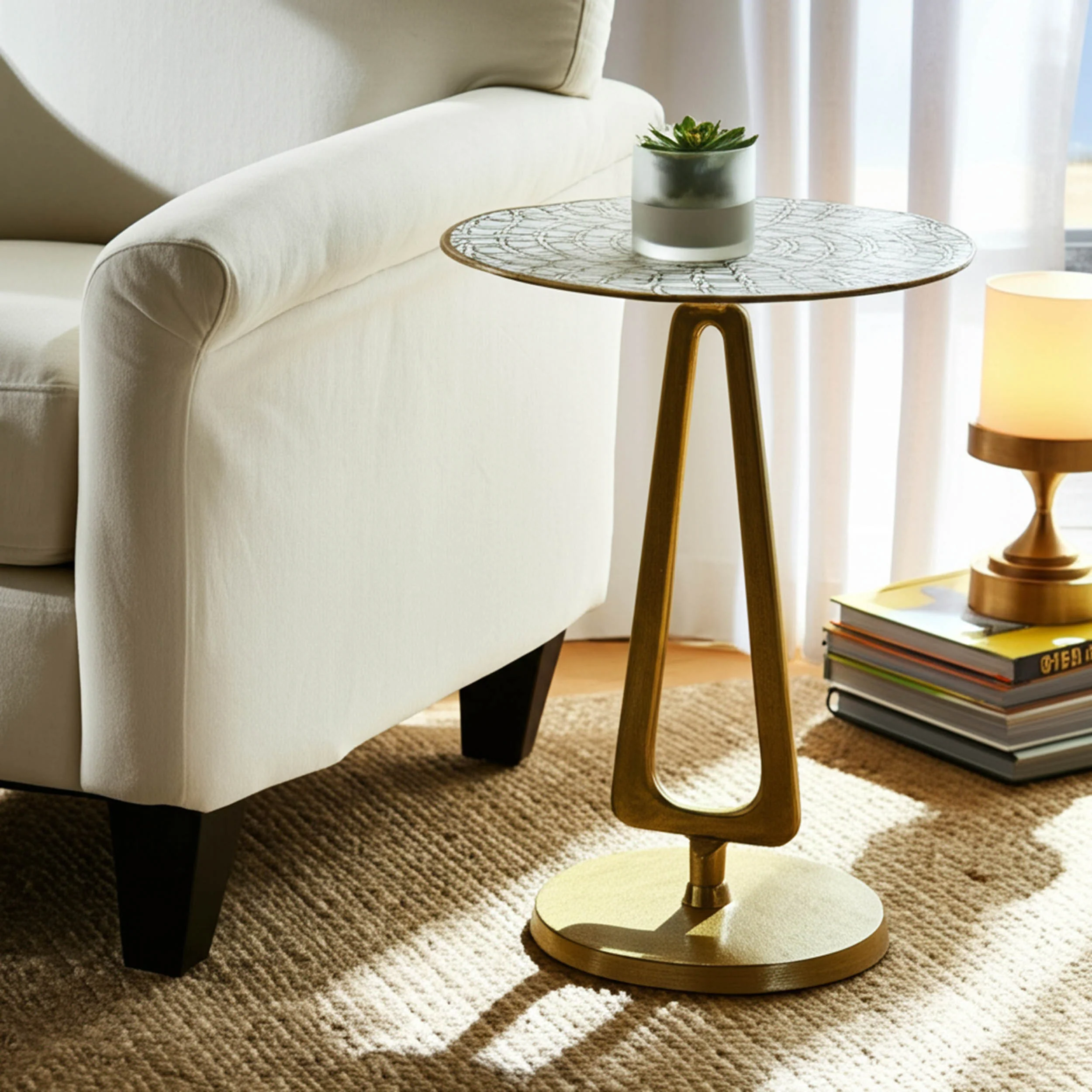 Seashell Patterned Top Accent Table, White/Gold - Image 4